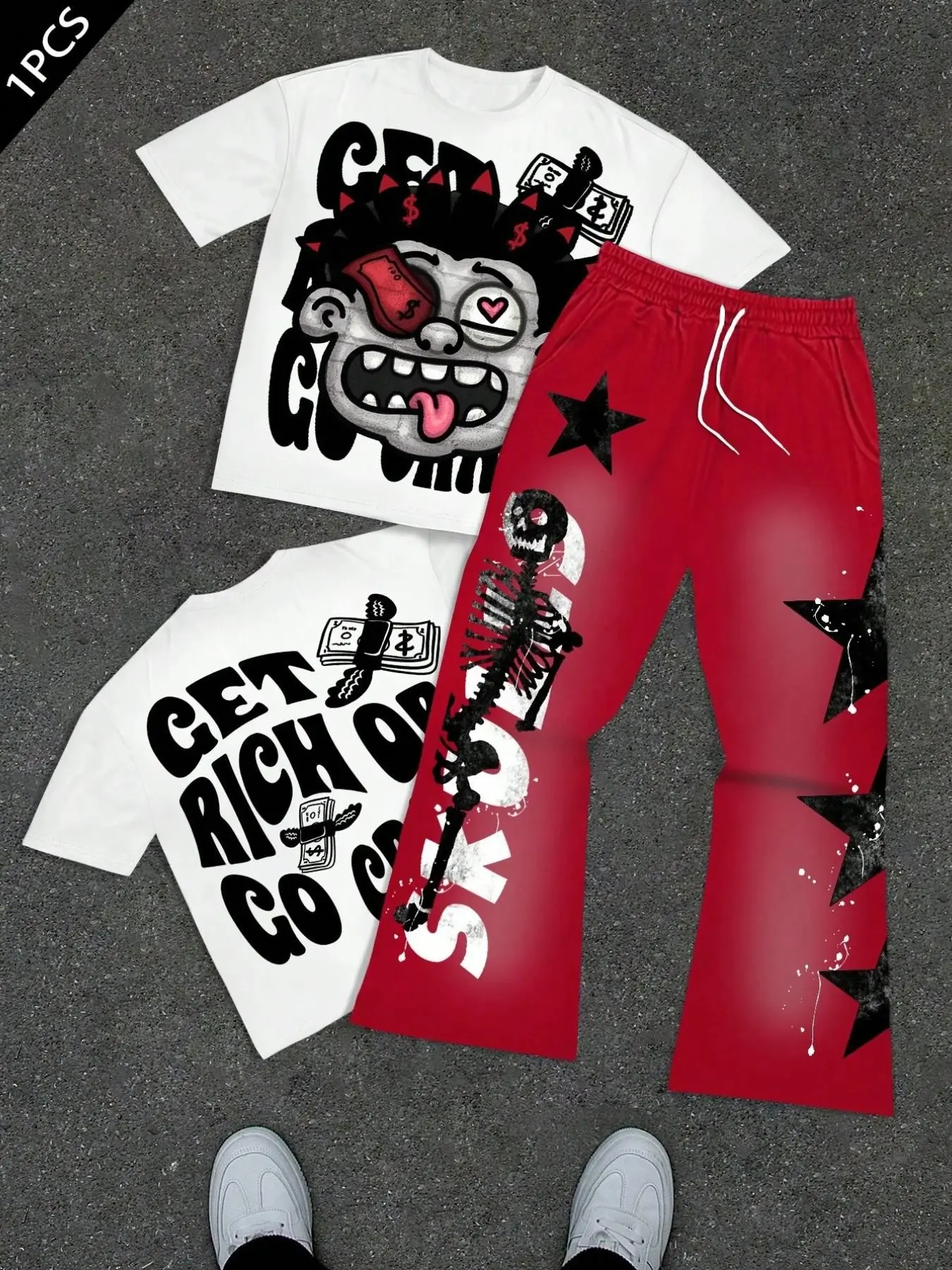 Vintage Hip Hop Graphic Men Two Piece Set, Cartoon Face Short Sleeve Tee & Drawstring Flared Pants Streetwear Co Ord