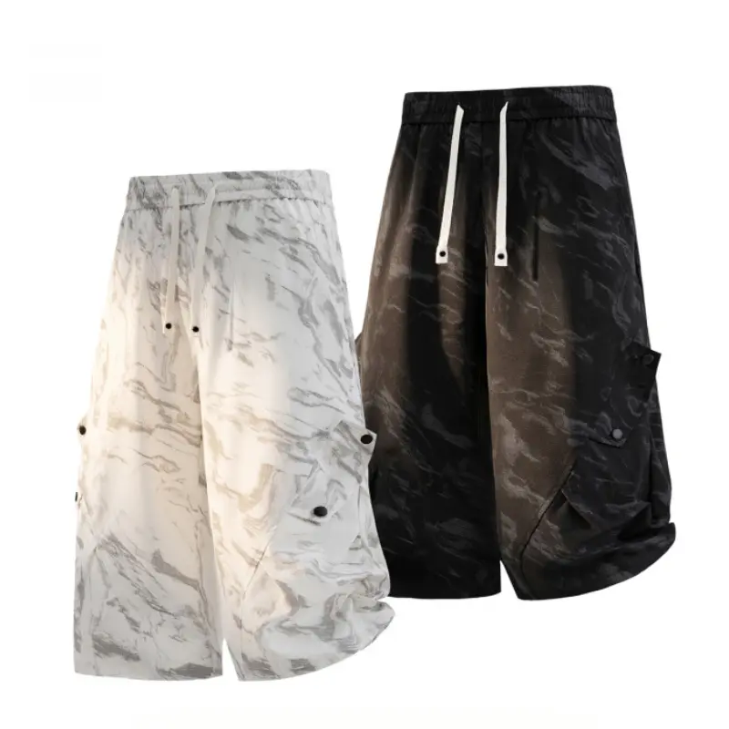 Men's Slim-Fitting Cargo Pants, Street Retro Marble Print 7/8 Length Trousers, Lightweight Quick Dry Fabric for Casual Fashion