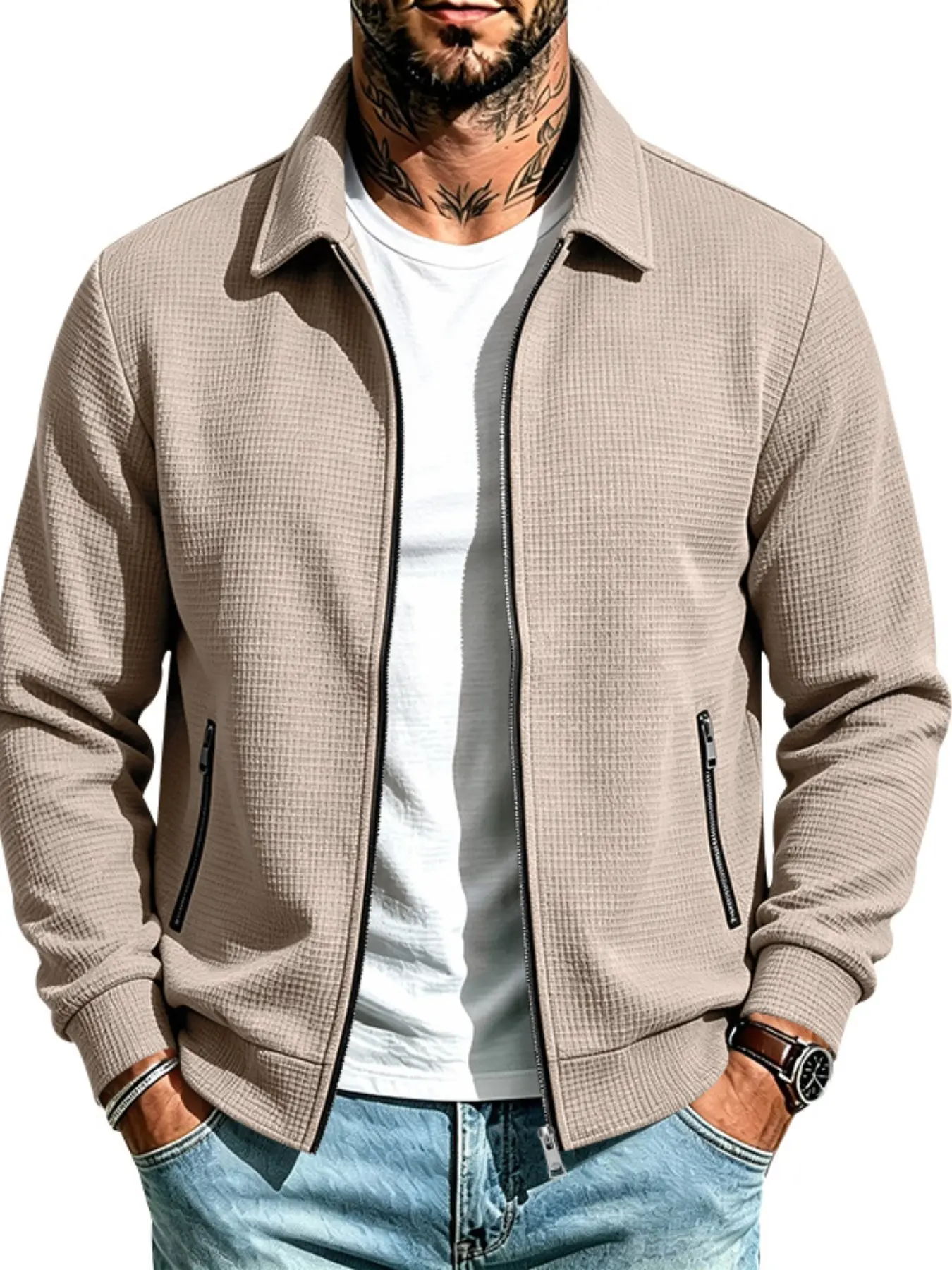 Men's Waffle Texture Zipper Jacket, Full-Zip Opening, Side Pocket, Ribbed Sleeve Hem, Casual Commute Knit Coat, Stylish Outerwear, Long Sleeve Outerwear
