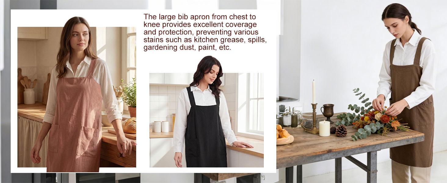 Women's Practical Cross Back Pinafore Apron with Large Pockets Home Kitchen,Restaurant,Coffee House,Cooking,Gardening clothes earthy