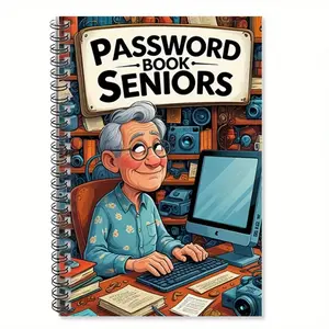 A handy password book and organizer, spiral-bound notebook with labeled sections, can be used for internet logins, usernames/passwords, phone numbers, addresses. Designed for seniors with big buttons and computer icons, makes a great retirement gift for t