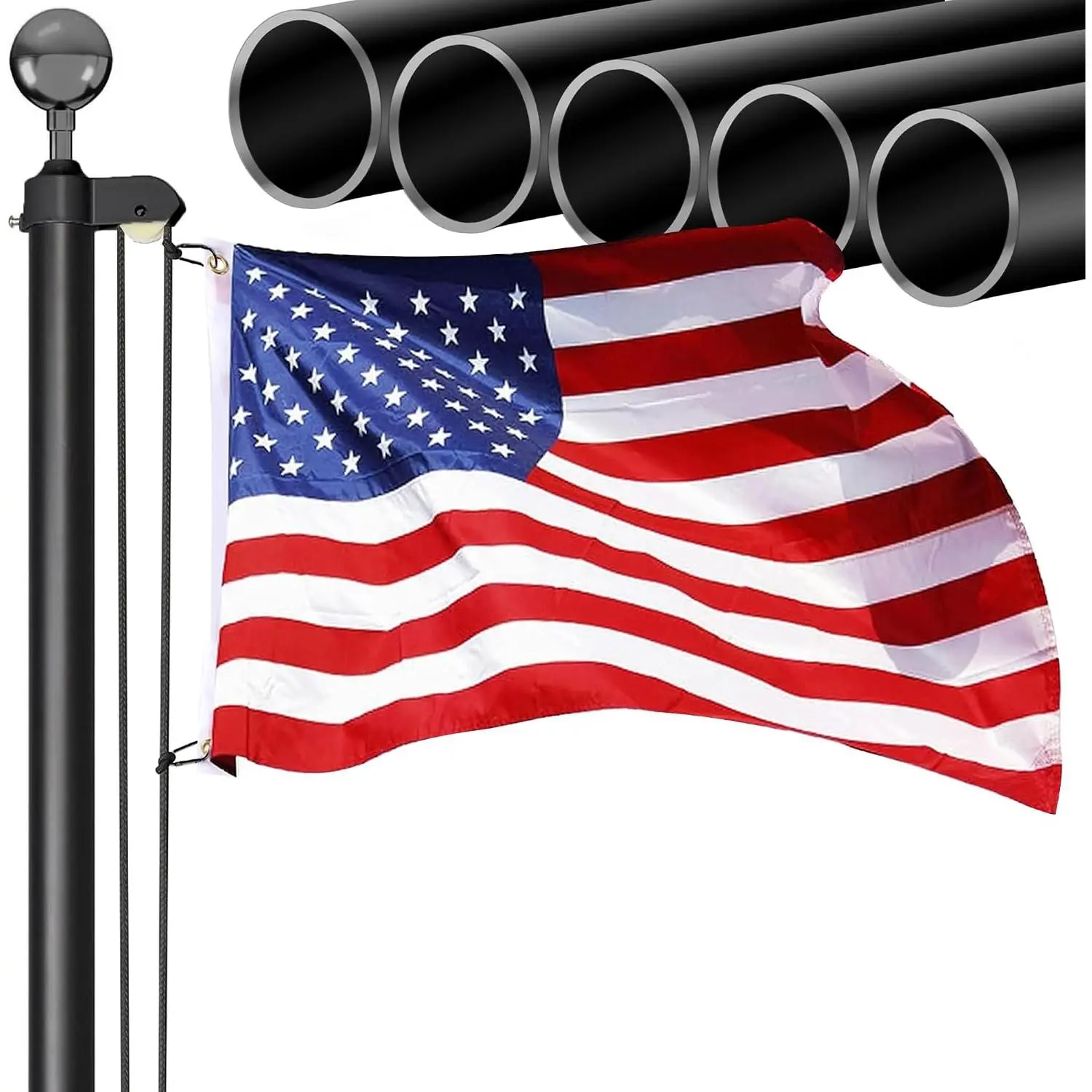 20FT Sectional Flag Pole Kit, 14 Gauge Extra Thick Heavy Duty  Outdoor In ground Flagpole for Residential or Commercial, Black