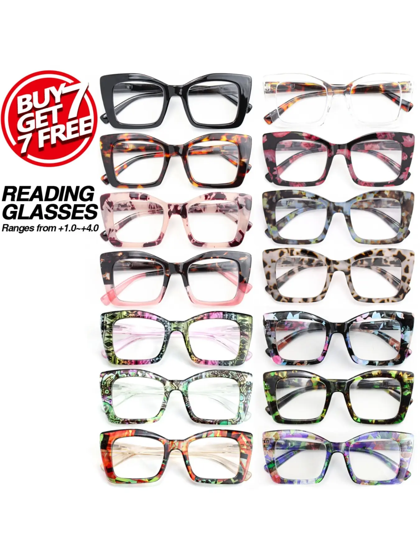 14 Pairs Large Frame Fashion Reading Glasses, High-Quality Spring Temple Fit, Print Design, Unisex Presbyopia Glasses
