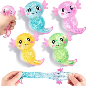 4PCS Long Tail Axolotl Squishy Toy, Axolotl Squishy Stress Relief Toy, Glitter Slow Rising Squeeze Toy, Maltose Filled TPR Stress Relief Fidget Toy, Cute Transparent Handheld Desk Pet Sensory Toy