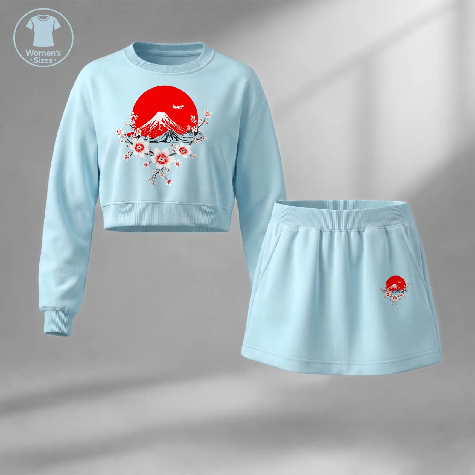 Women’s Japanese Style Mount Fuji Cherry Blossom Crop Sweatshirt and Mini Skirt Set, Featuring Vintage Red Sun Artwork. Stylish Two Piece Outfit Perfect for Fall Fashion, Streetwear, Vacation, Shopping and Everyday Casual Wear
