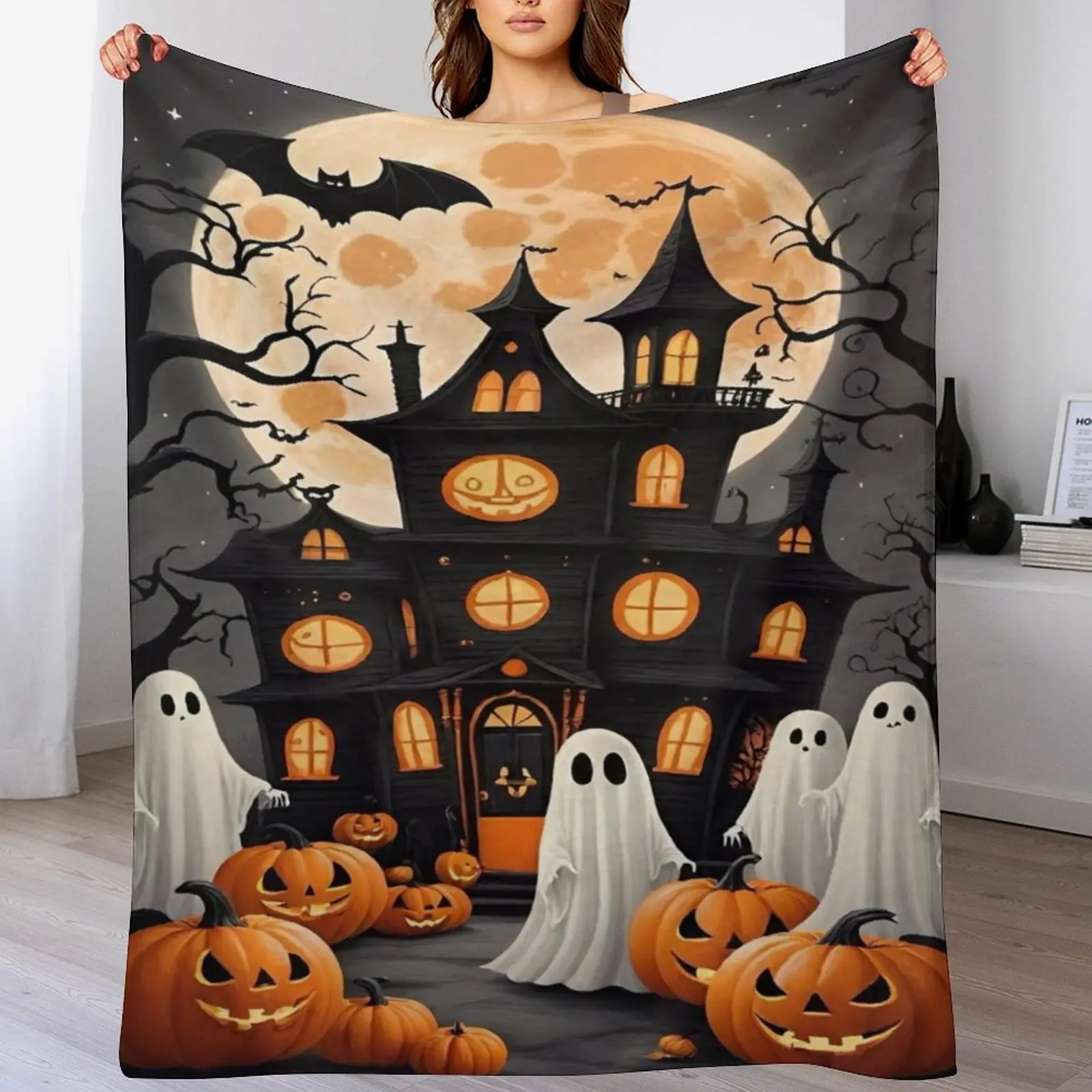 Dark Gothic Style Haunted House Tapestry Wall Hanging - Moon & Bats, Spooky Ghost, Pumpkin, Tree Design Decor for Bedroom, Room Decor Ideas
