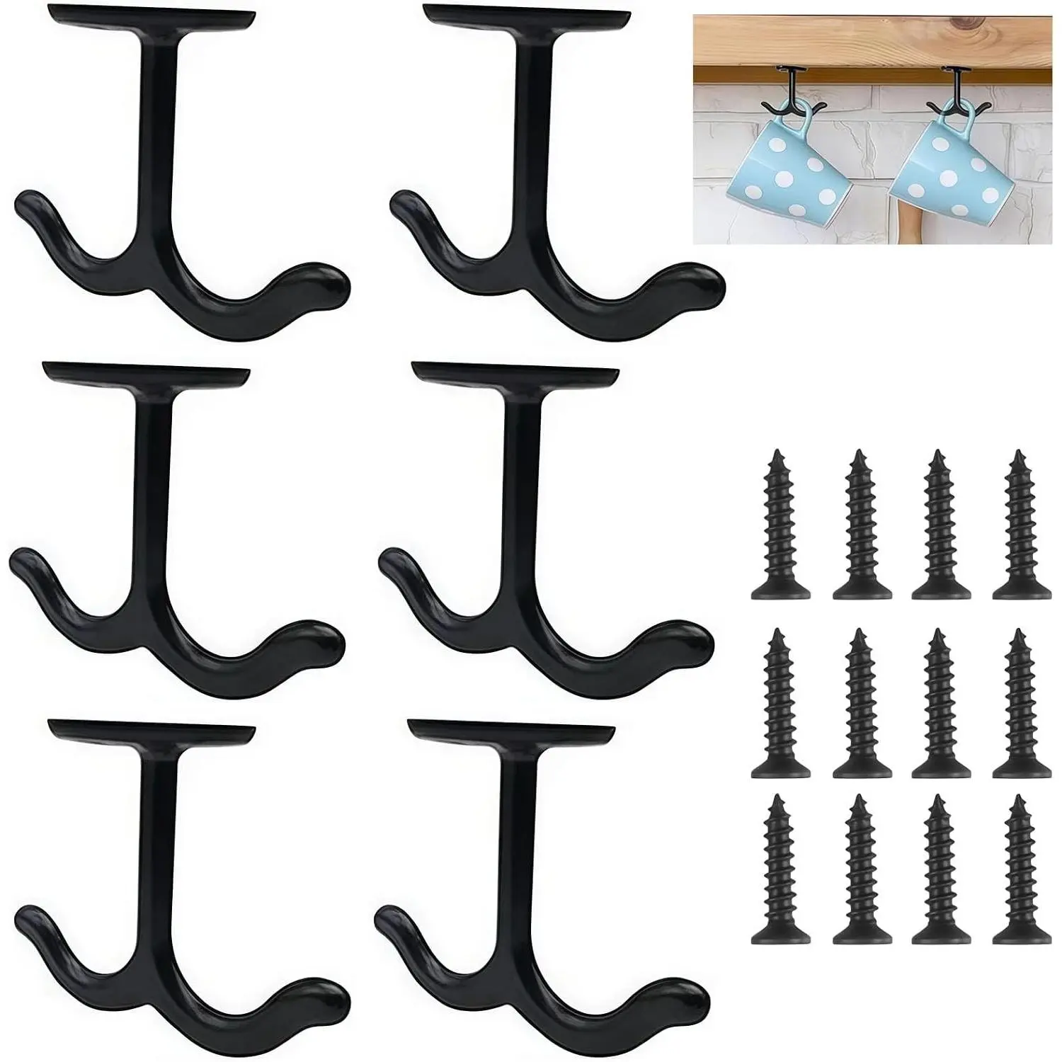 Double Hook for Ceiling Cabinet Wardrobe Coat Towel Hat Under Shelf 6 Pack Black