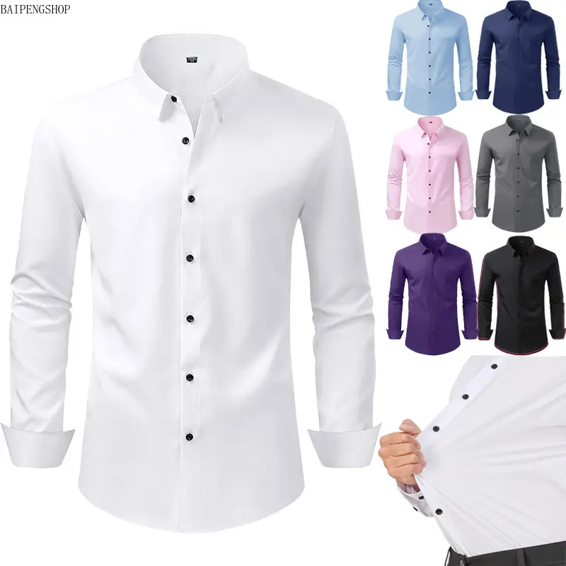Men's Black Slim Fit Dress Shirt - Stretchy Anti-Wrinkle Polyester Long Sleeve Collared Top for Business Casual Menswear, Black (Black Button Long Sleeve)