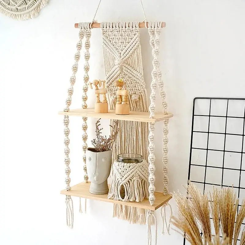 Boho Wooden Wall Shelf, Rustic Floating Hanging Decor for Kitchen Bedroom Living Room Entryway Nursery, Natural Wood Home Organization, Perfect Holiday Gift