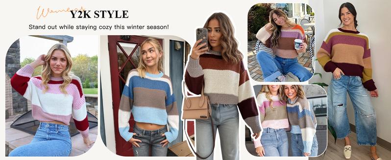 FMEYOA Womens Color Block Cropped Sweaters 2025 Winter Trendy Casual Oversized Y2k Going Out Striped Pullover Tops