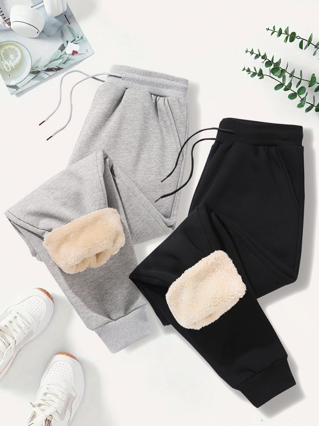 Women's Solid Drawstring Waist Thermal Lined Sweatpants, Casual Pocket Design Jogger Pants for Fall & Winter, Women's for Daily Wear, Casual Sporty Trousers