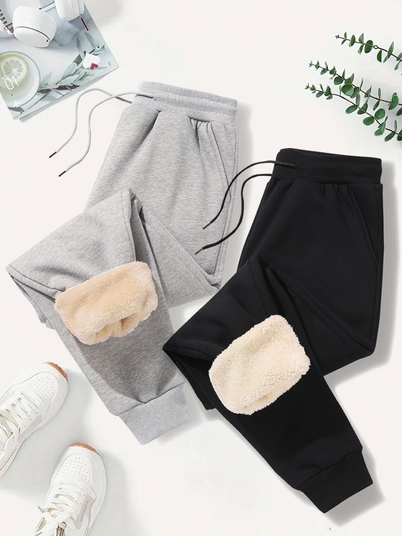 Women's Solid Drawstring Waist Thermal Lined Sweatpants, Casual Pocket Design Jogger Pants for Fall & Winter, Women's for Daily Wear, Casual Sporty Trousers