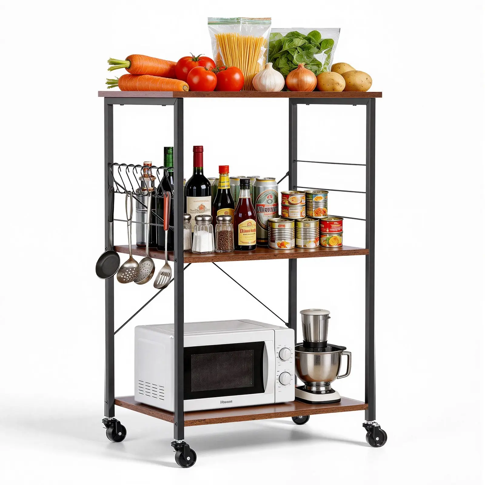 VEVOR Heavy-Duty Vintage Industrial Metal Steel Wood Kitchen Utility Cart, 3-Tier 23.7in Smooth Rolling Storage Rack with 8 Hooks, Microwave/Coffee Service Trolley on Wheels for Mini Oven, Toaster
