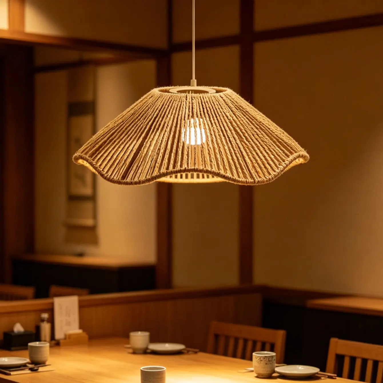 Modern Handmade Paper Rope Umbrella Pendant Light Shade, Wave Pattern, Soft Glow, Decorative Atmosphere Lighting, E27 Base, Ideal for Home, Restaurant, Cafe