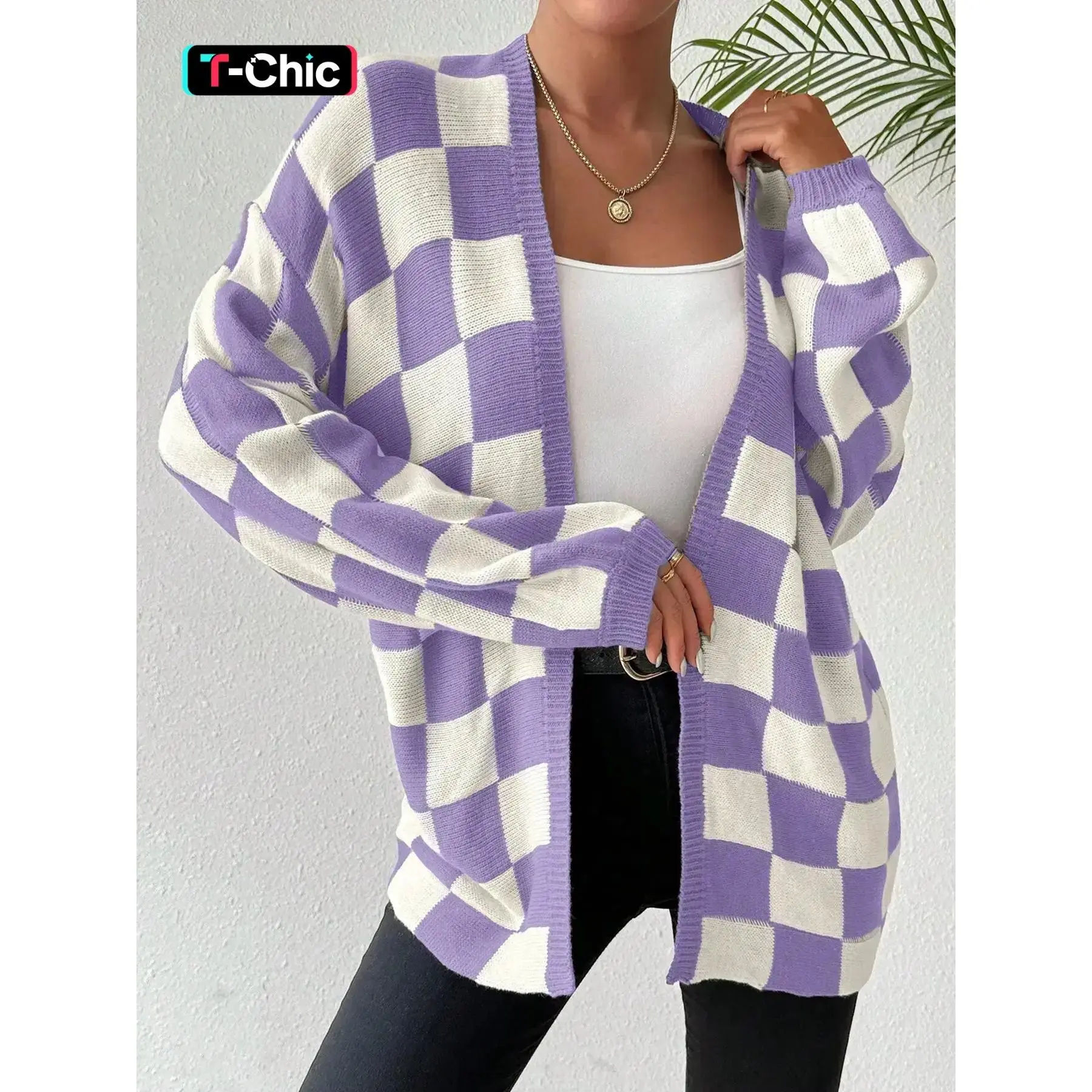 Women's Checkerboard Plaid Drop Shoulder Knitted Cardigan - Casual Fit Longsleeves Open Front Top, Fall & Winter Garments, Daily Wear Piece, Women's Knitwear, Tops