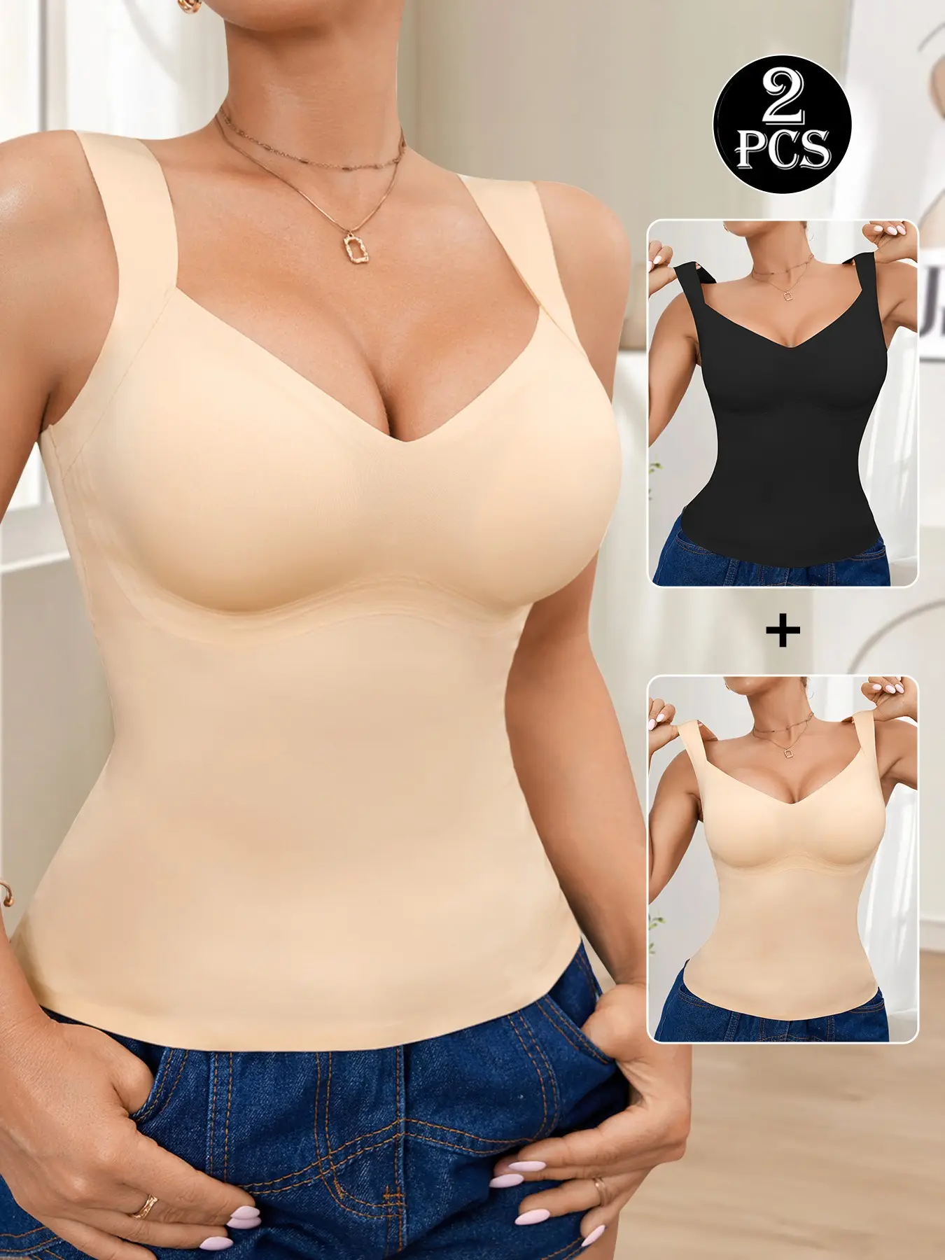 1/2 Pack Women Molded Cup Seamless Tank Top, U Shape Wide Strap Back Support Posture Vest, Gentle Tummy Control Everyday Layering Undergarment All Season Wear
