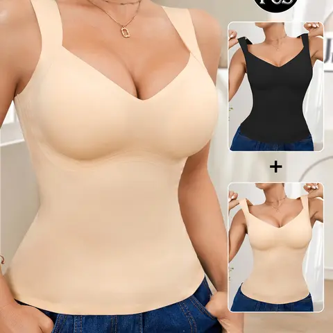 1/2 Pcs Women's Molded Cup Seamless Smooth Tank Top, U Shape Wide Strap Back Support Posture Vest, Gentle Tummy Control Everyday Layering Undergarment for All Seasons