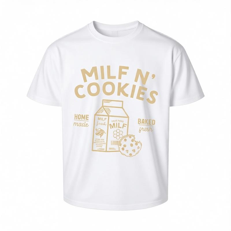 Retro MILF N' Cookies Graphic T-Shirt for Men & Women | Vintage Milk & Cookies Print Short Sleeve Tee Streetwear Aesthetic Urban Style Cotton Tshirt | Oversized Casual Hip Hop Top Apparel Black