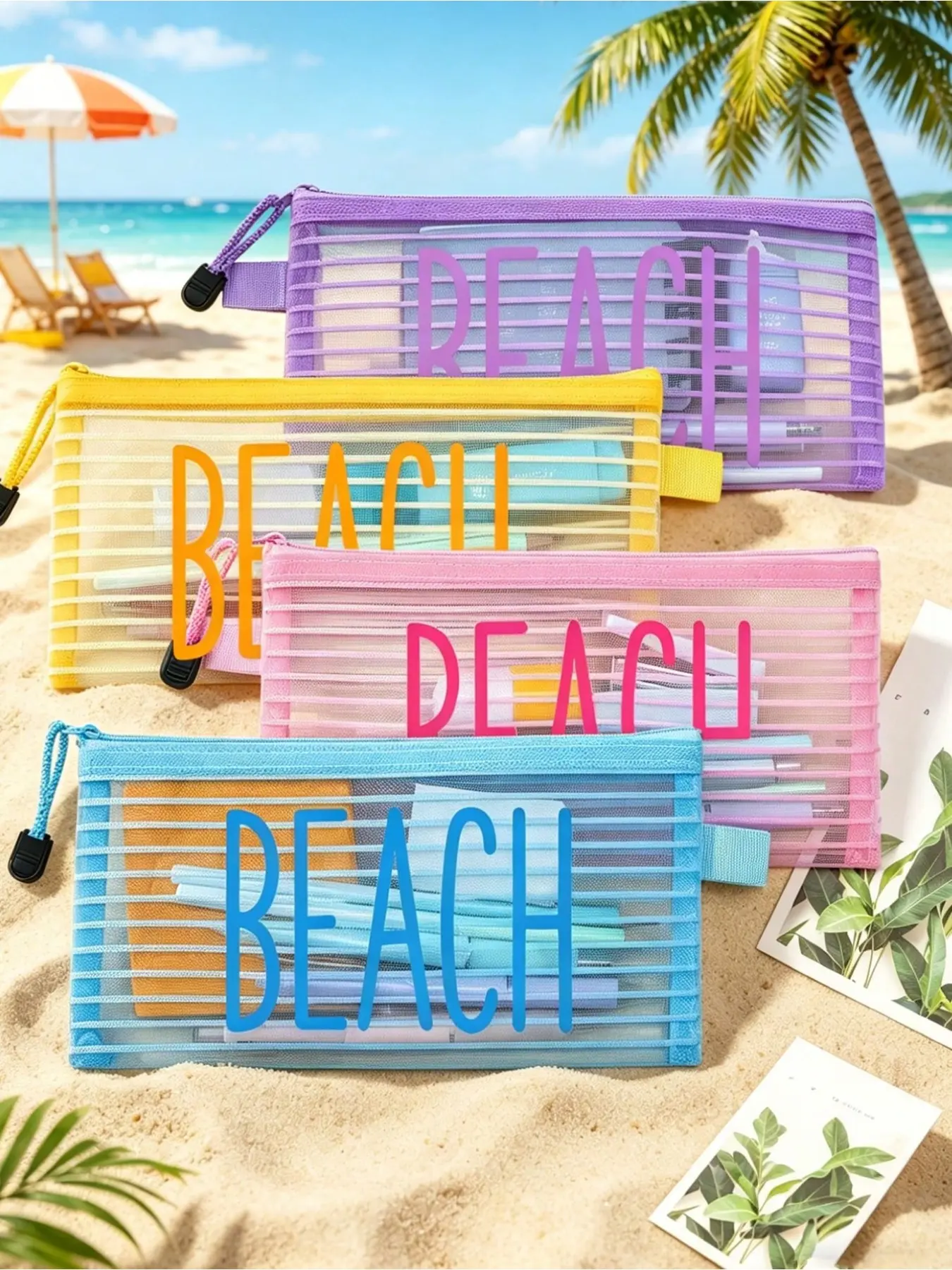 Striped Mesh Beach Bag, Colorful 'beach' Print Makeup Bag, Large Capacity Nylon Zipper Washbag, Lightweight, Holds Sunscreen, Snacks, Bikinis, Files