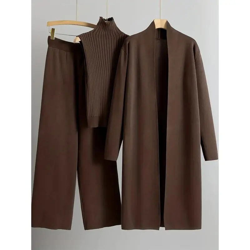 2025 Newest High Elasticity Women's Loose Three-piece Set: Long Wide-legged Pants + Shawl Cardigan + Turtleneck Sweater, Fits up to 70kg for Women