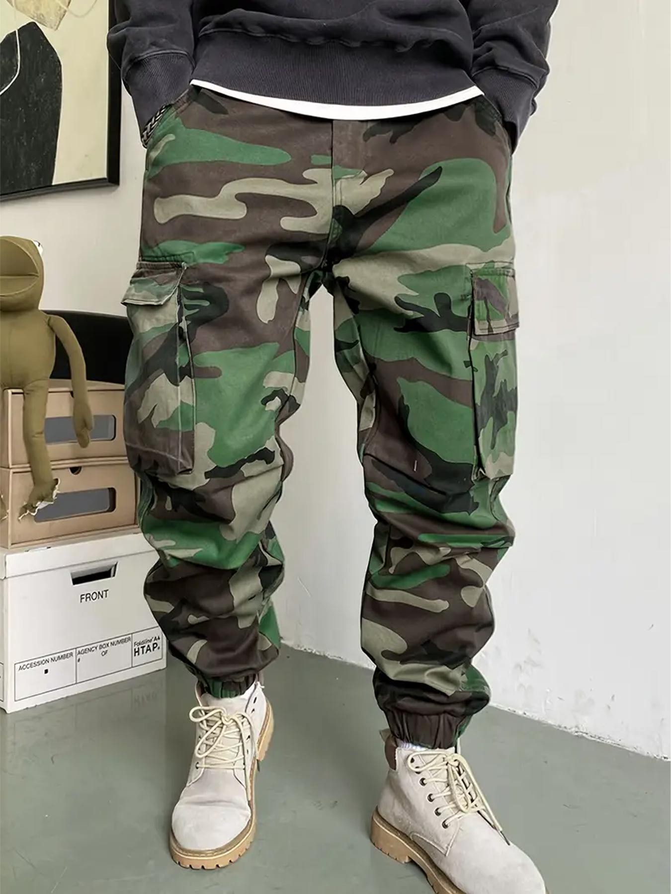 Men's Camo Print Multi-pocket Cargo Pants, Casual Loose Fit Water-repellent Fabric Trousers for Outdoor Work, Pants for Men, Men's Bottoms for All Seasons, Men's Clothing, Casual Sports Trousers