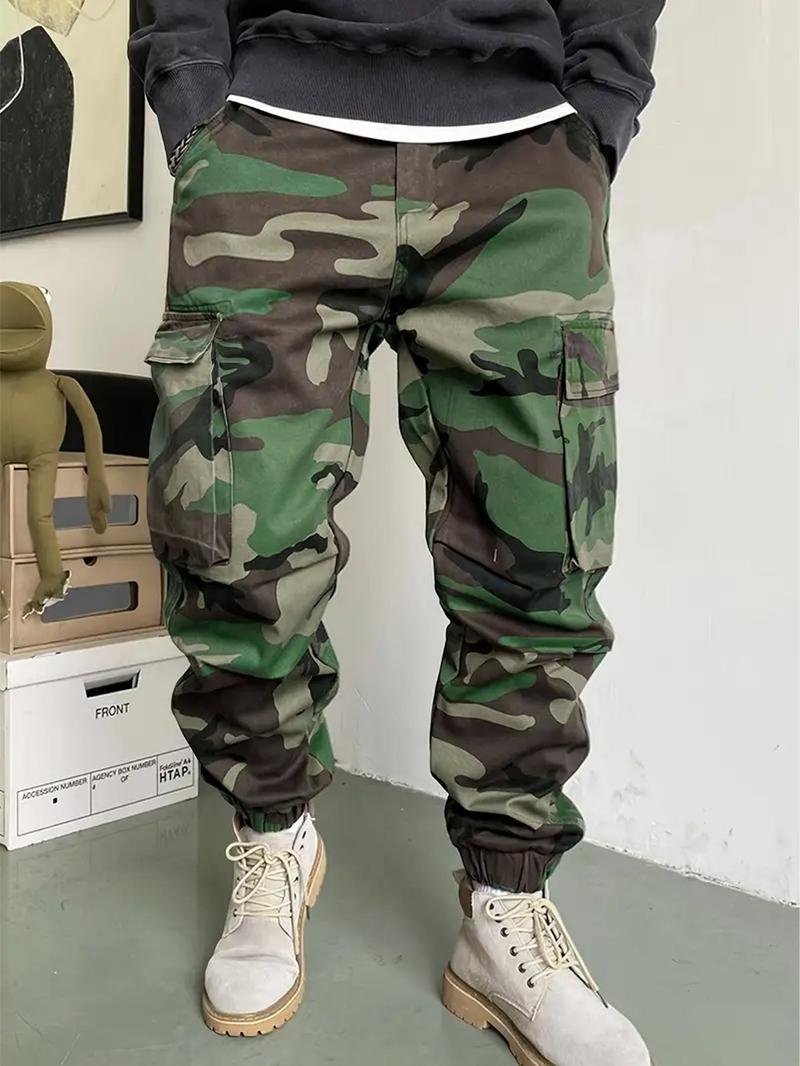 Men's Camo Print Multi-pocket Cargo Pants, Casual Loose Fit Water-repellent Fabric Trousers for Outdoor Work, Pants for Men, Men's Bottoms for All Seasons, Men's Clothing, Casual Sports Trousers