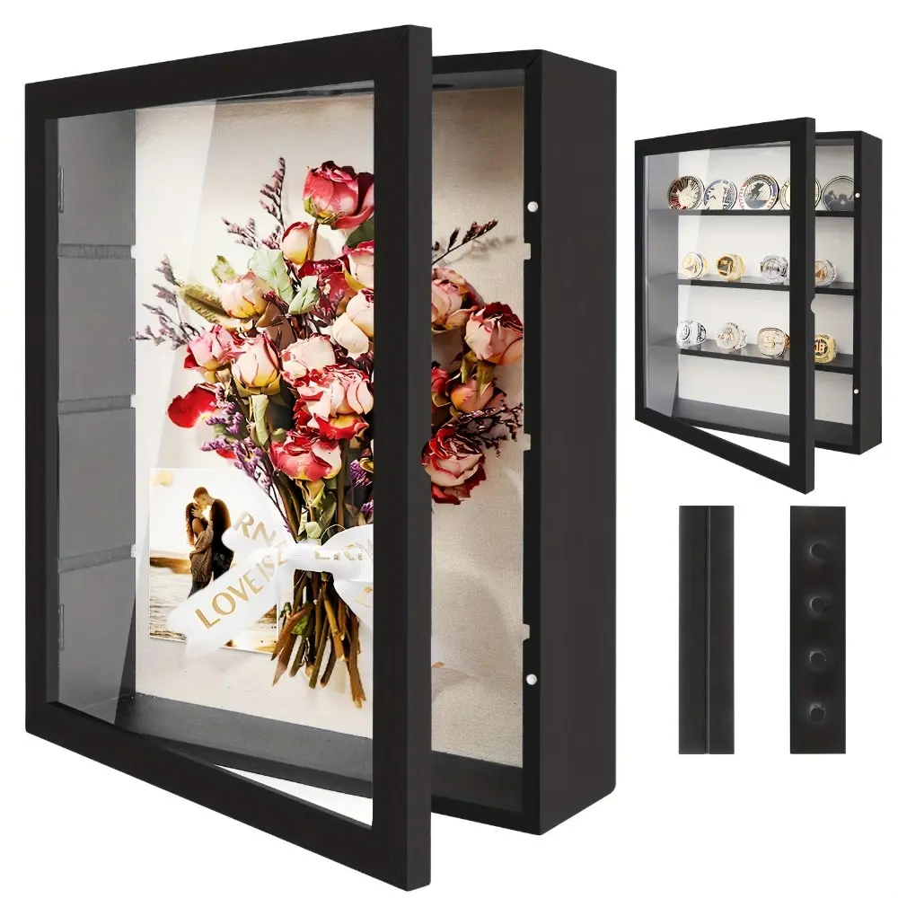 11x14 Large Country Pine Wood Memory Display Box - Photo Shadow Box with Double Glass Frame, Linen Back, 4 Removable Shelves for Flower, Picture, Championship Medal Collection, Box Shadow Boxes