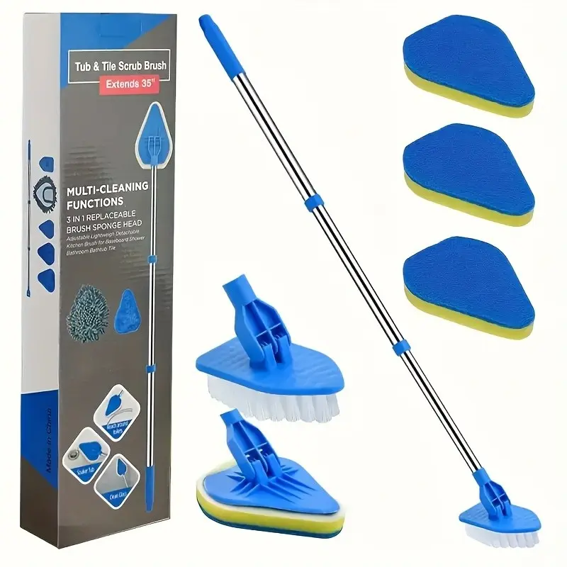 Extendable 2-In-1 Bathroom Cleaning Brush, Stainless Steel Handle, 3 Sponge Heads, 1 Brush Head, Multi-Purpose Long Handle Tool for Bathtub, Floor, Pool