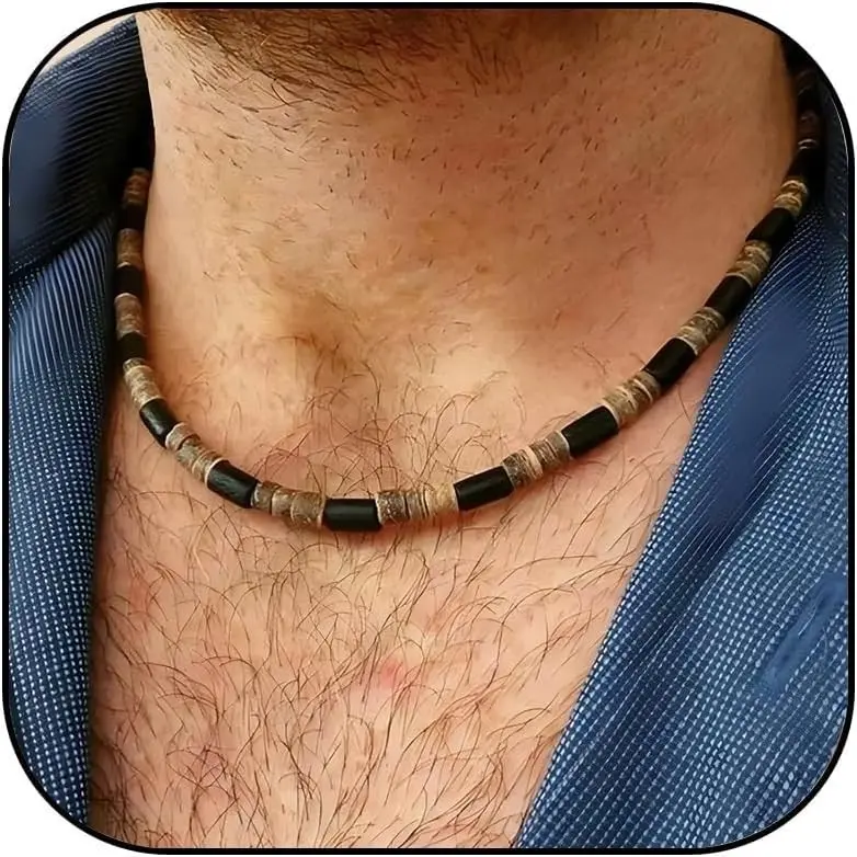 Men's Beaded Choker Necklace - Brown Puka Shell, Coconut Wood Beads - Home Decor Accent Beach Surfer Jewelry Gift
