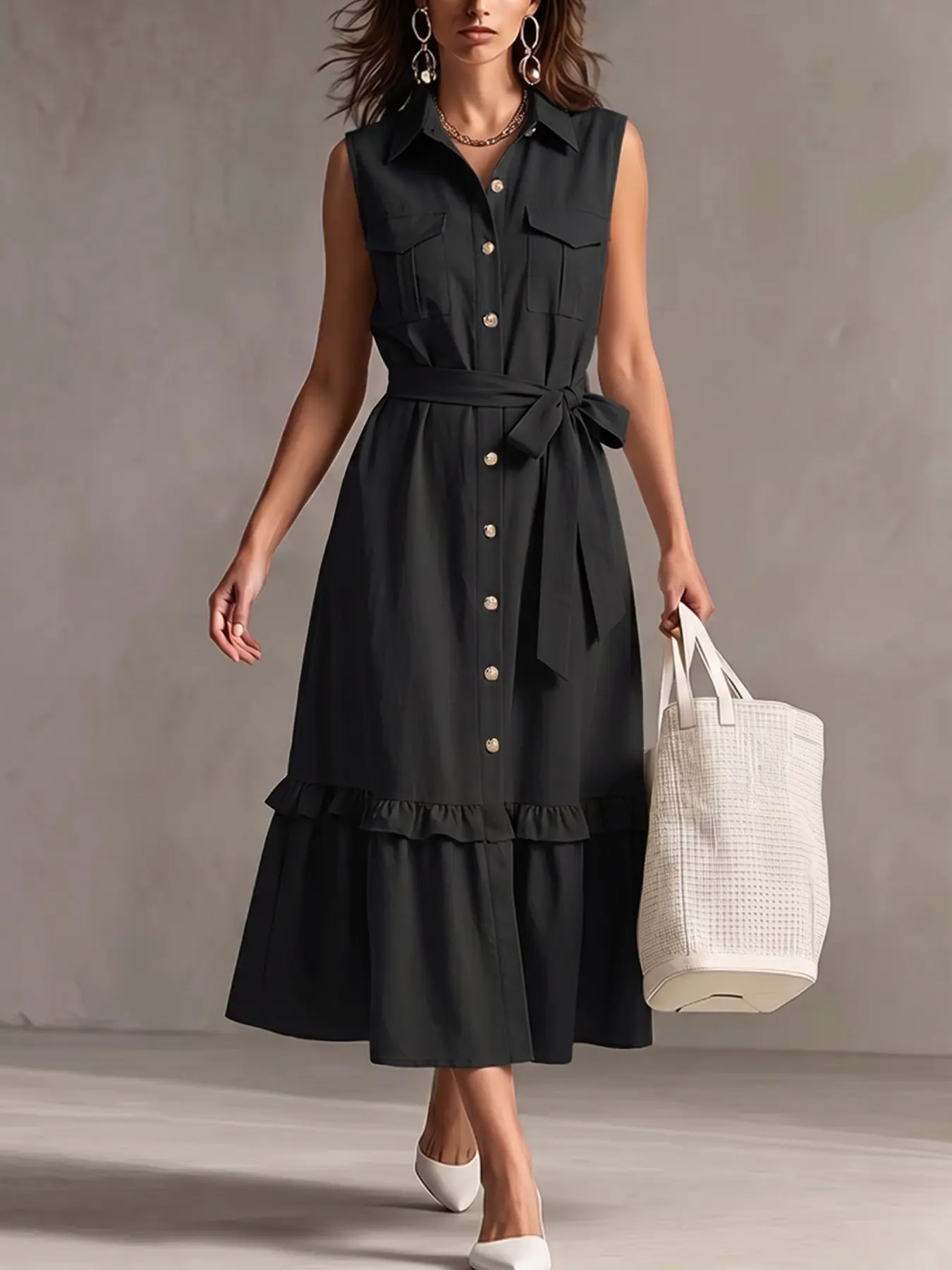 ZANZEA Women's Lapel Sleeveless A-Line Dress, Ruffle Design, Casual Midi Dress, Solid Color, Slim-Fitting, European and American Style, Chic