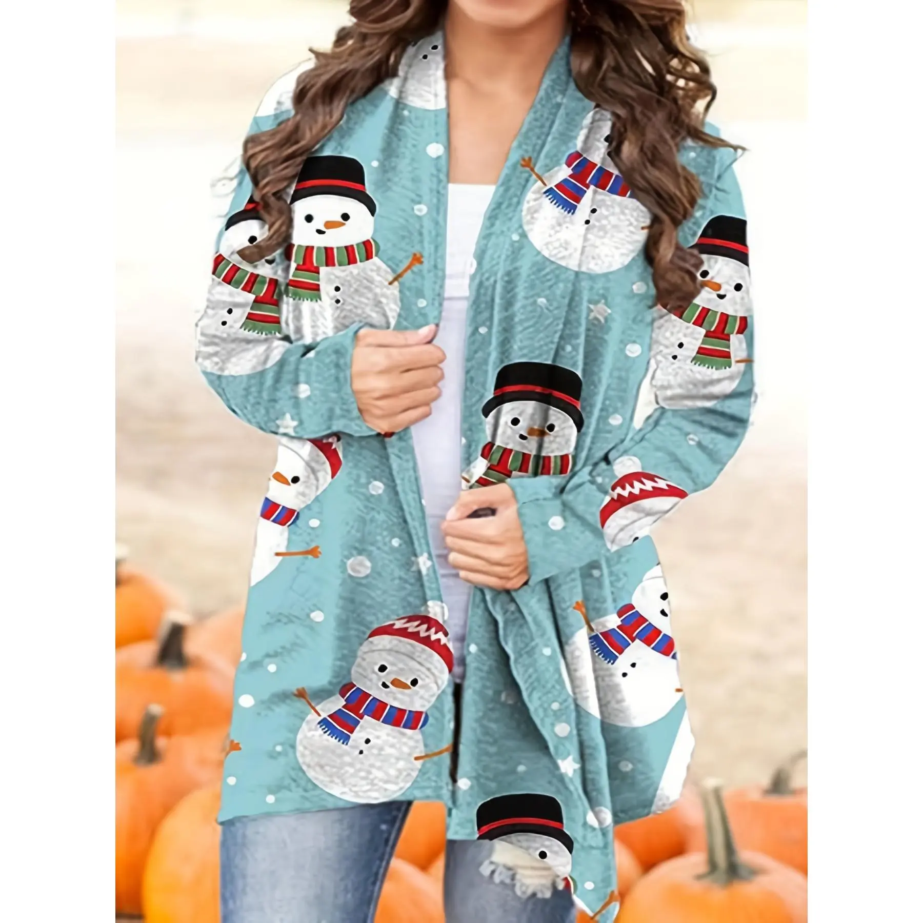 [Christmas] Plus Size - Plus Size - New Women's Clothing for Autumn And Winter from Europe And America, Featuring a Christmas Print Casual Long-Sleeve Cardigan