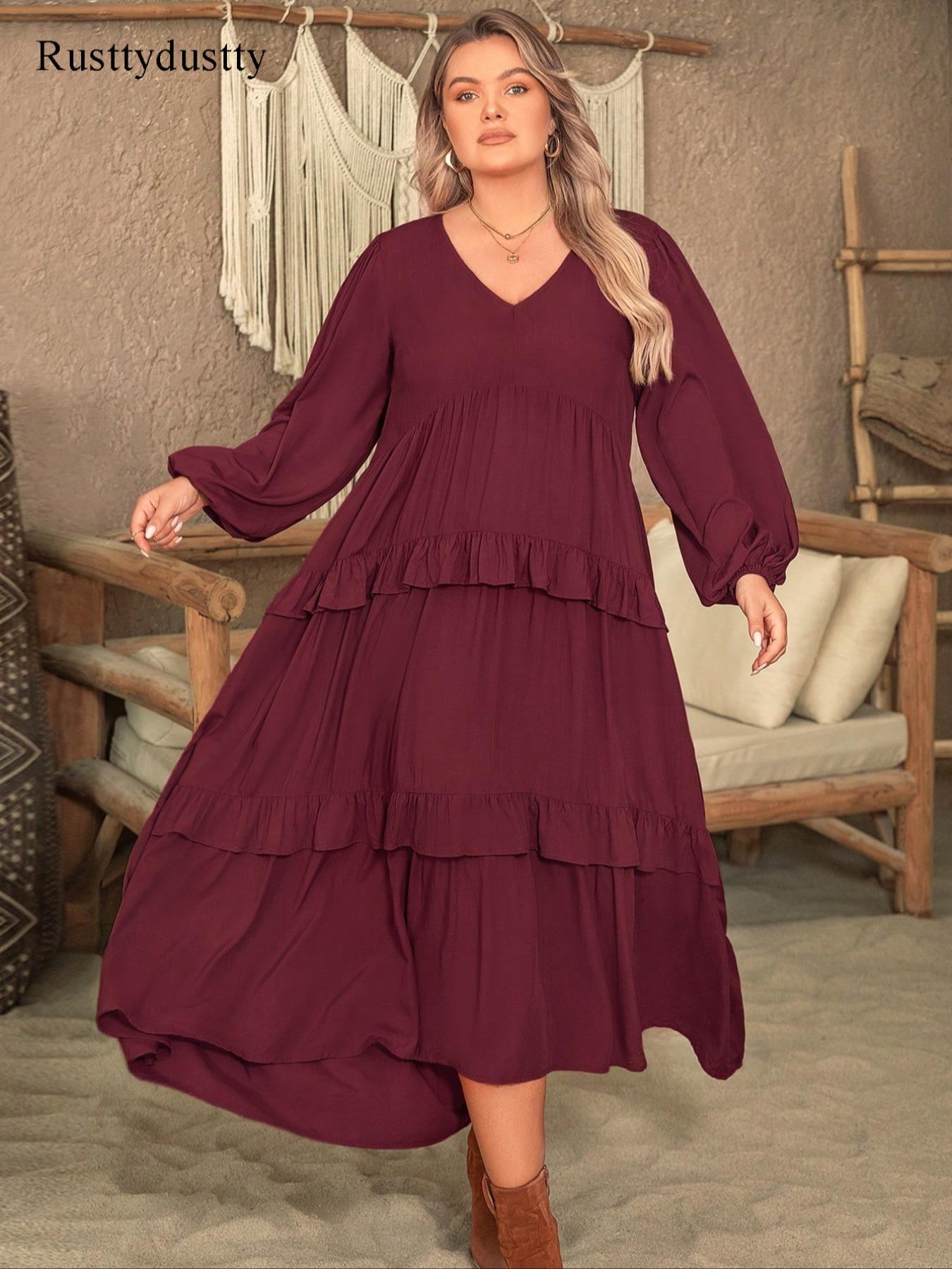 Plus Size Plain Woven Lantern Sleeve Tiered Ruffle Trim Smock Dress, Womenswear Elegant Style Aesthetic V Neck Long Sleeve Dress for Vacation Party Wedding Guest, Women's Clothes for All Seasons
