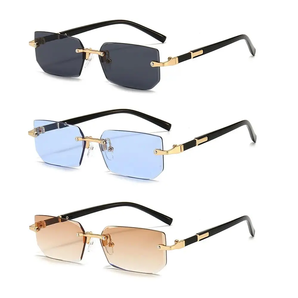 Male 3-Pack Rimless Minimalist Rectangle Sunglasses, Comfortable Modern Frame Shades, Men’s Summer Sports & Outdoor Accessory, Holiday Photo Props for Travel, Beach, Small Square Silhouette