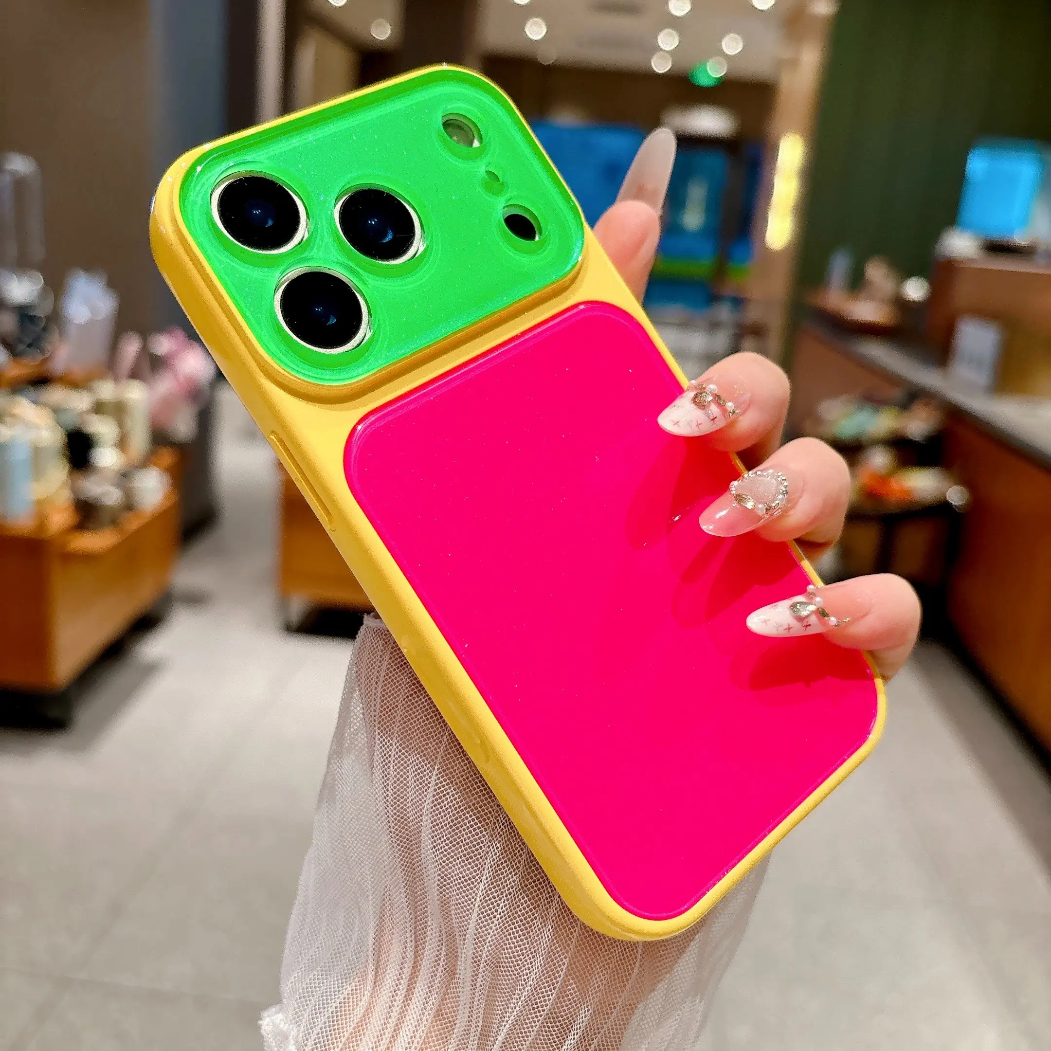 Summer jelly colored acrylic color block diagram backboard full lens shock-absorbing phone case suitable for iPhone 17 Pro Max 16 15 14 Pro Max dopamine contrasting color male and female  contrasting color shock-absorbing glossy oil soft edge protection