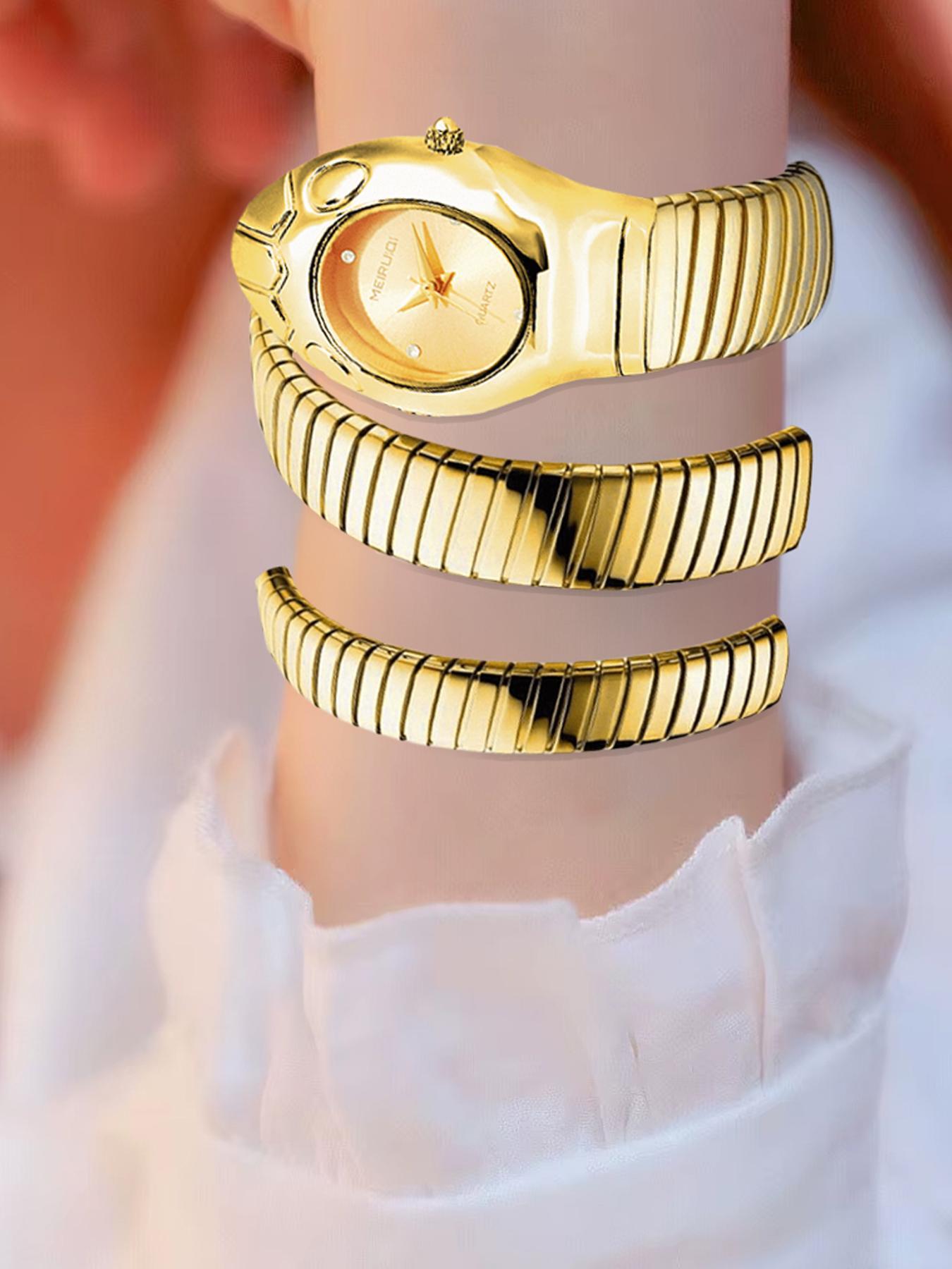 Women's Elegant Snake Design Rhinestone Decor Watch & Jewelry Set, Fashion Watch & Bracelet & Necklace & Ring Set, Trendy All-match Watch Set for Birthday Gift, Complete Accessories Set