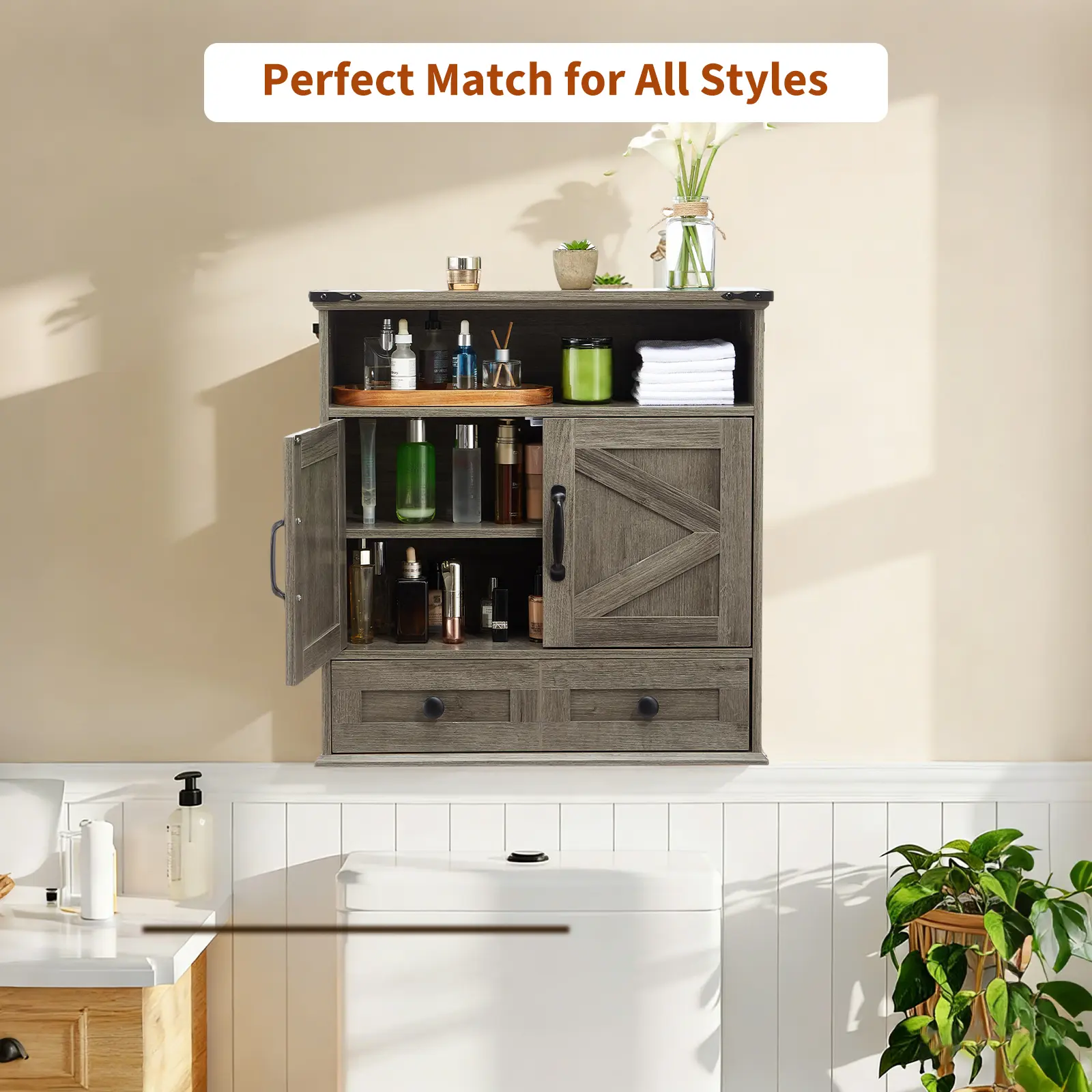 Gaomon Floating Wall-Mounted Bathroom Medicine Cabinet, Barn Doors & Adjustable Shelf Multi-Purpose Storage Organizer for Bathroom, Kitchen