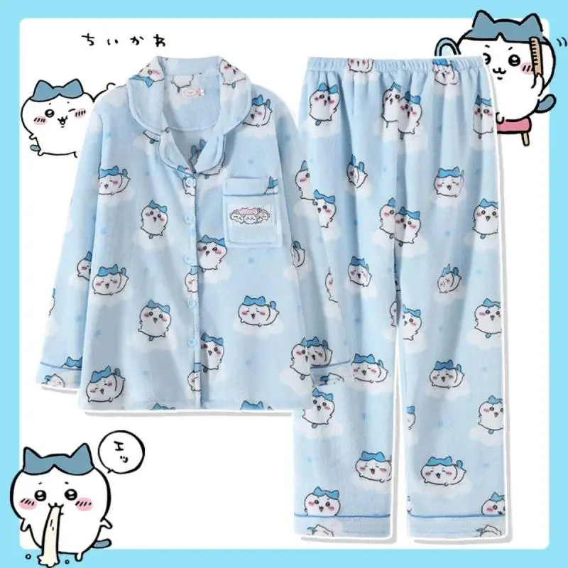 Cute Chiikawa Hachiware Flannel Pajamas Set Kawaii Cloud Print Blue Fleece Sleepwear With Matching Eye Mask Warm Soft Long