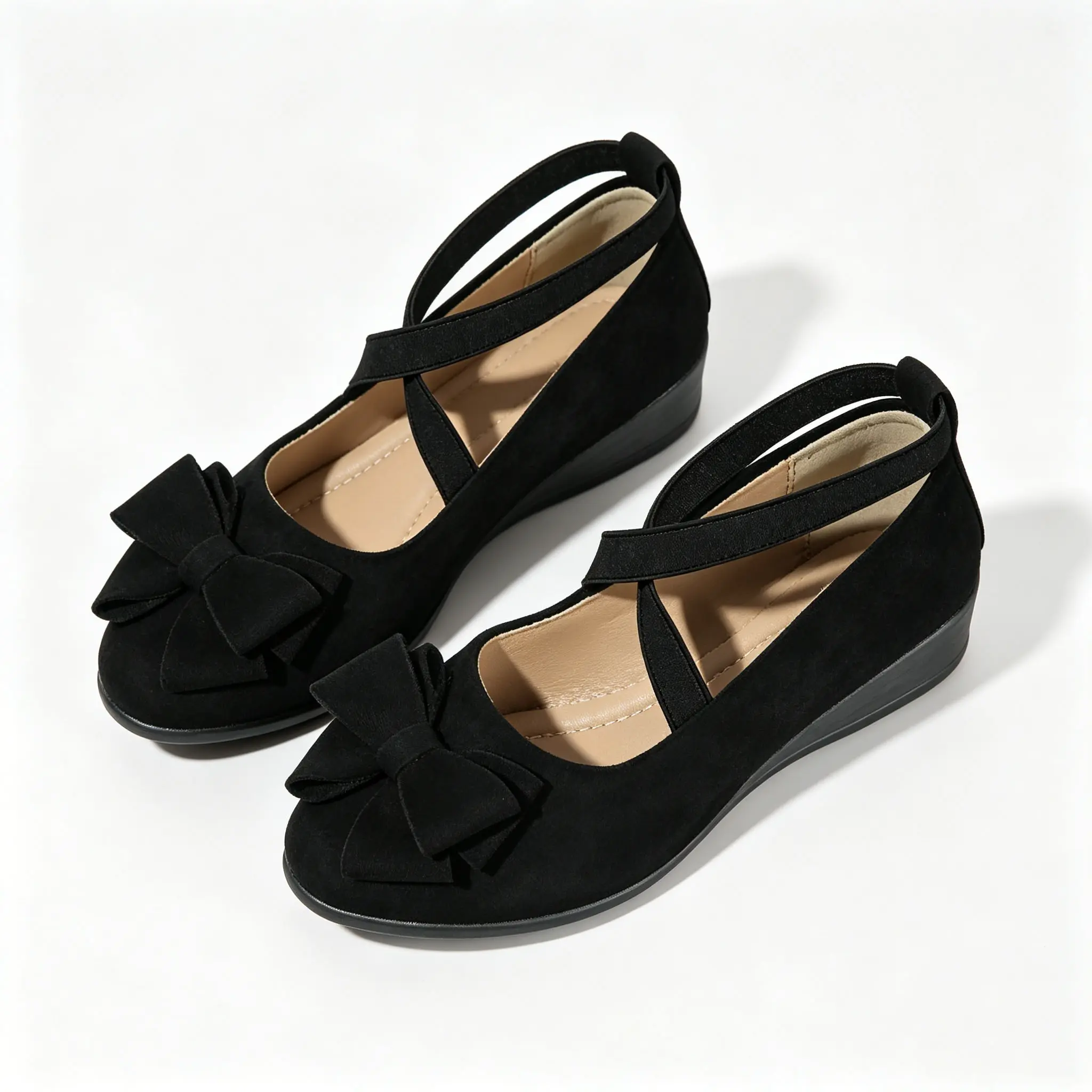 Women's Wedge Shoes, Solid Suede Ballet Flats with a Round Toe and Ankle Strap, Comfortable Dress Shoes with Bow for Daily Wear