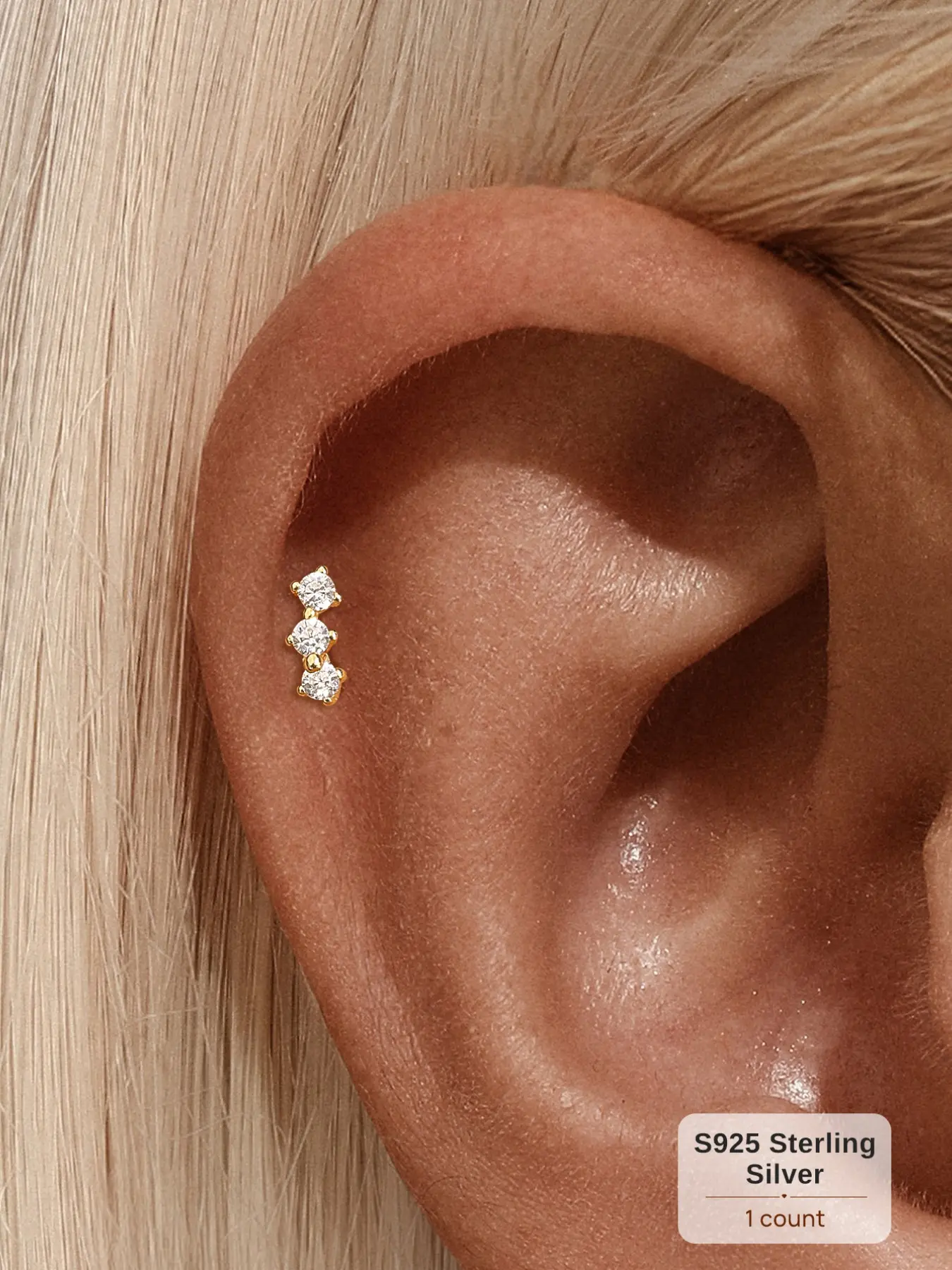 Flat-Back Piercing, Gold-Tone, S925 Sterling Silver Cartilage Piercing Earring, Wedding Earrings, Jewelry Earrings, featuring a Triple-Diamond Cluster, Flat-Head Design, and Threaded Backing, Ideal for daily wear and special occasions