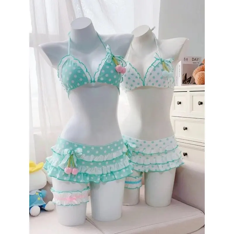 Women Y2k Sweet Bikini Set Japanese Kawaii Print Ruffles Lolita Swimsuit Crop Top + Skirt Two Piece Swimwear Beach WearBeach photography