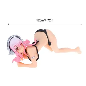 12cm Anime Pink Hair Girl Figure with Headphones Bikini Outfit Crawling Pose PVC Statue Desktop Car Interior Decor Collectible Model Toy
