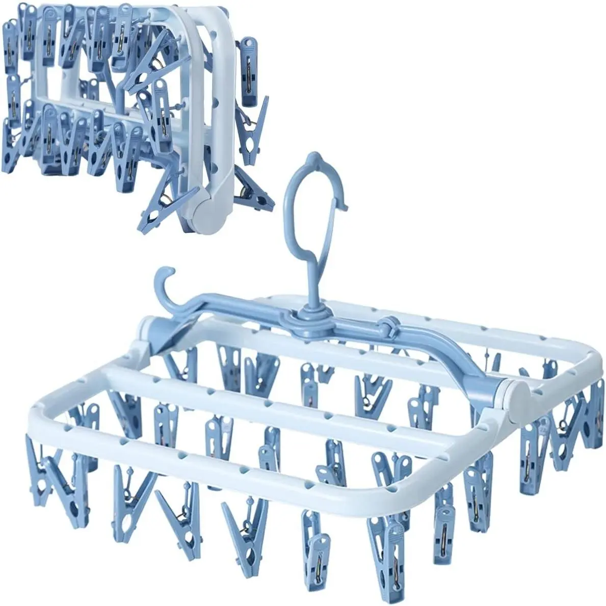 Clothes Drying Racks Foldable Clip Hangers Plastic with 32 Clips | Clip Hangers Wind-Proof Hook Underwear Hanger For Socks Bras Blue