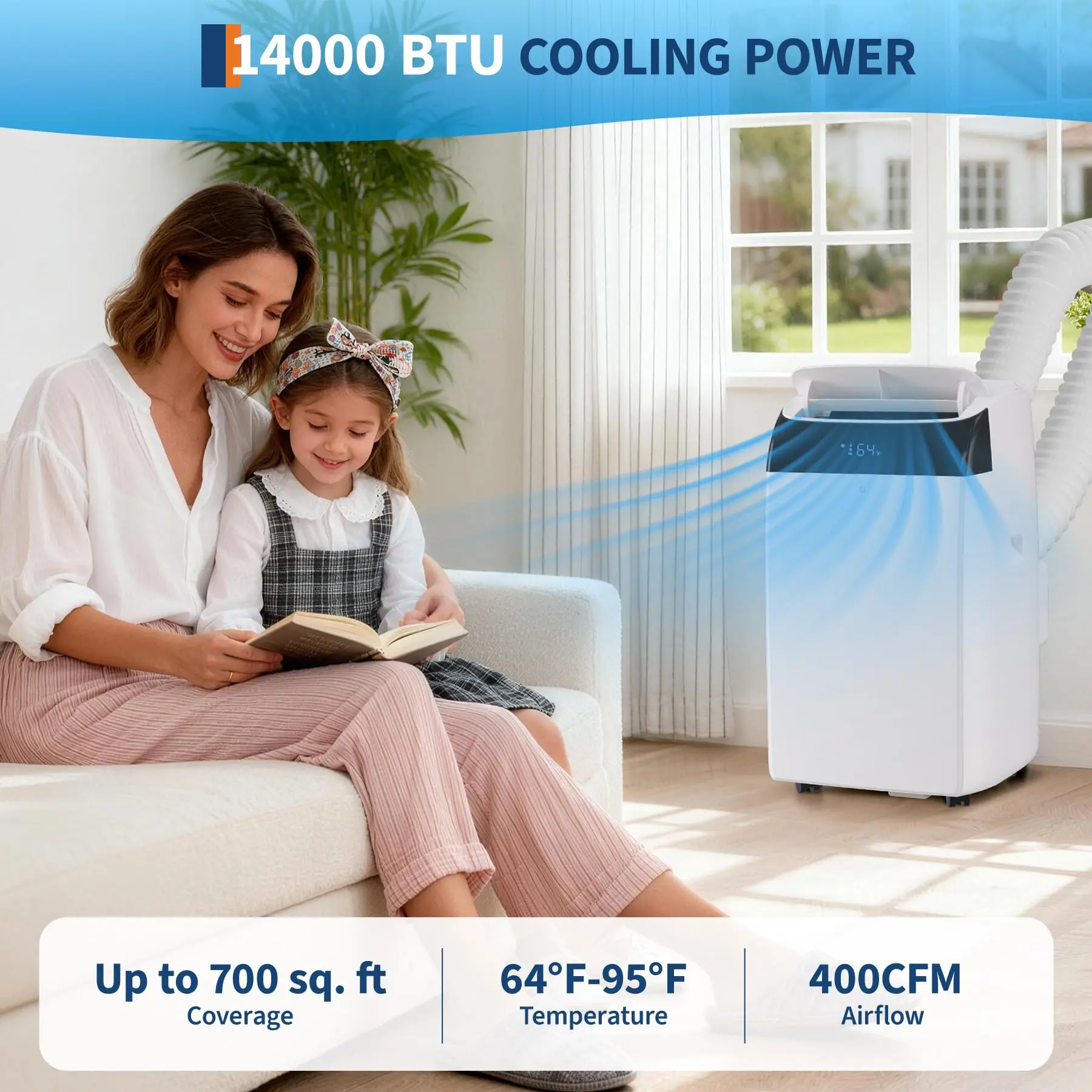 GAOMON Energy Efficient Inverter Portable Air Conditioner with Dual Hose Heat Pump – 14,000 BTU – Cools & Heats up to 450 Sq Ft – Quiet Dehumidifier – Adjustable Fan Speeds – Remote – White