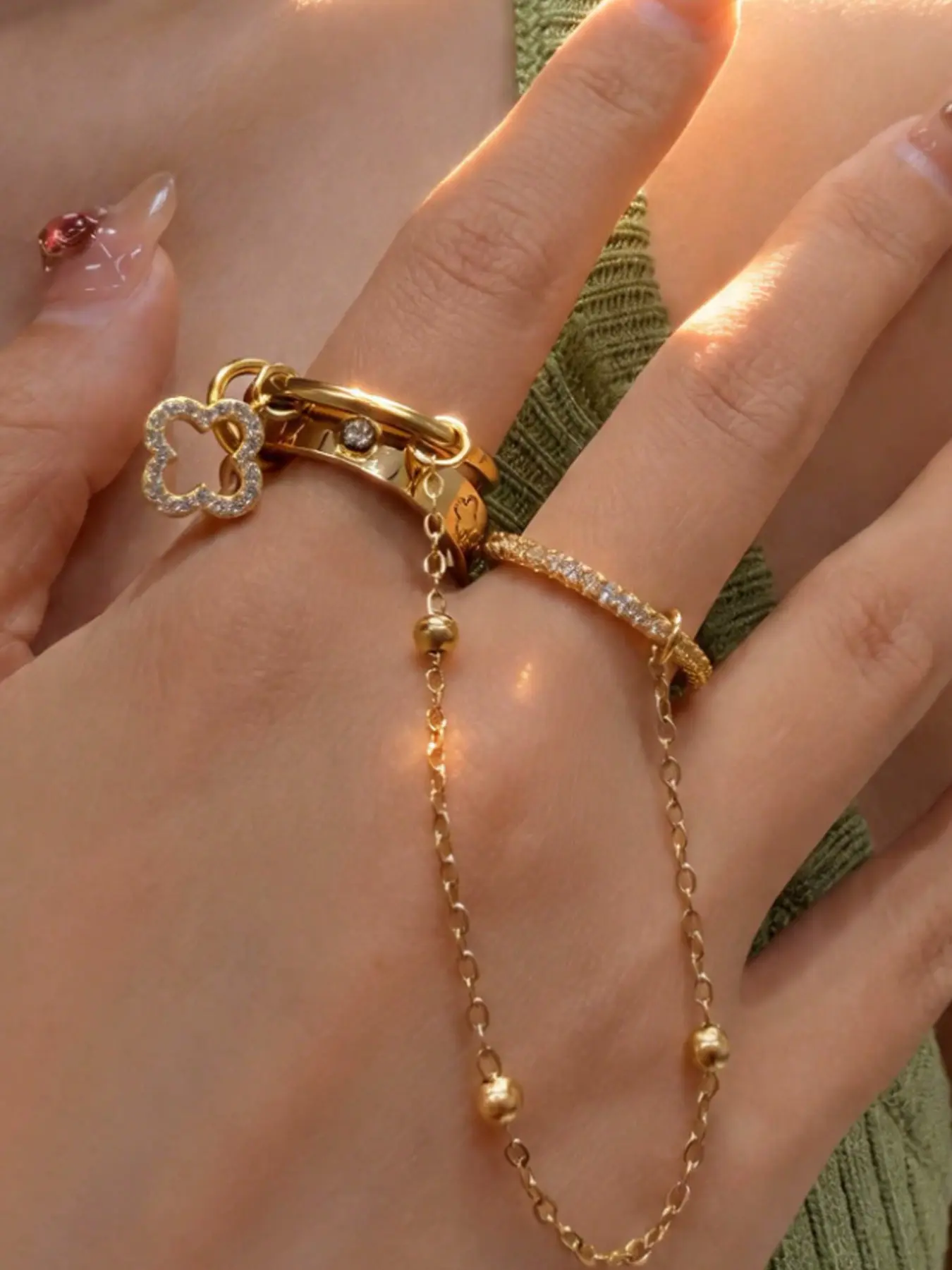 2026 New Stainless Steel & Copper 18k Gold Plated Two-Finger Ring, Elegant Full Circle Rhinestones, Low Allergy Fashion Jewelry