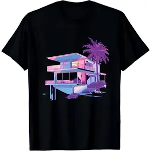 Miami Vice Vibes Vaporwave T-Shirt, Pastel Beach House & Palm Tree Graphic Tee, Chill Summer Casual Wear crew neck