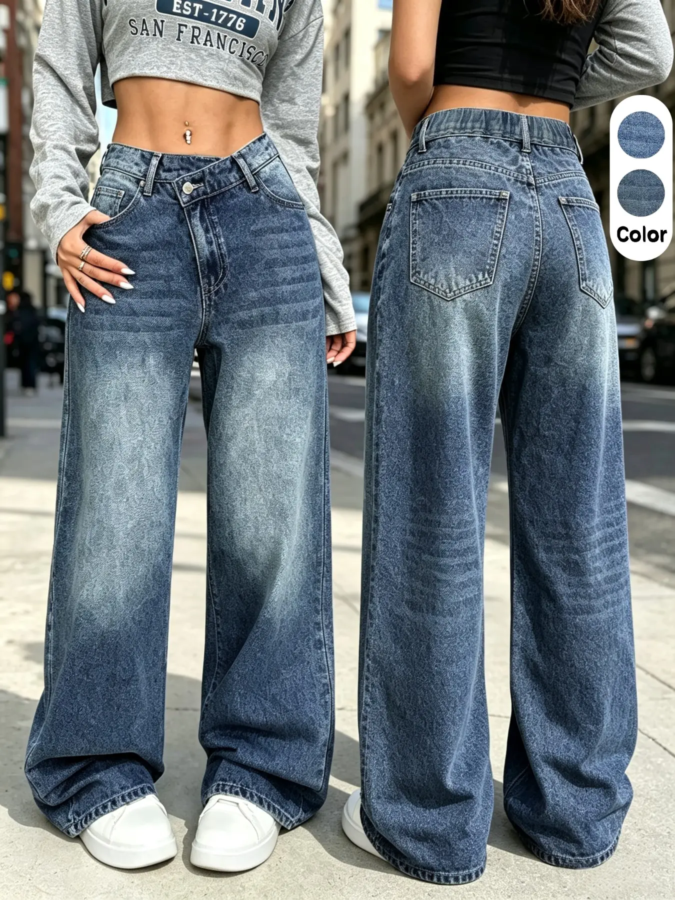 Women's Asymmetrical Waist Denim Jeans, Loose-Fit Straight Leg, Baggy, Comfortable Fashion Design, Casual All-Season Wear, Vintage Washed