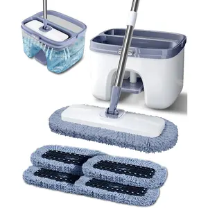 Flat Microfiber Mop and Bucket Set with Wringer, 360° Spin Mop for Floor & Wall Cleaning, 17.7x9in Wide Head, 4 Washable Pads, Hands-Free