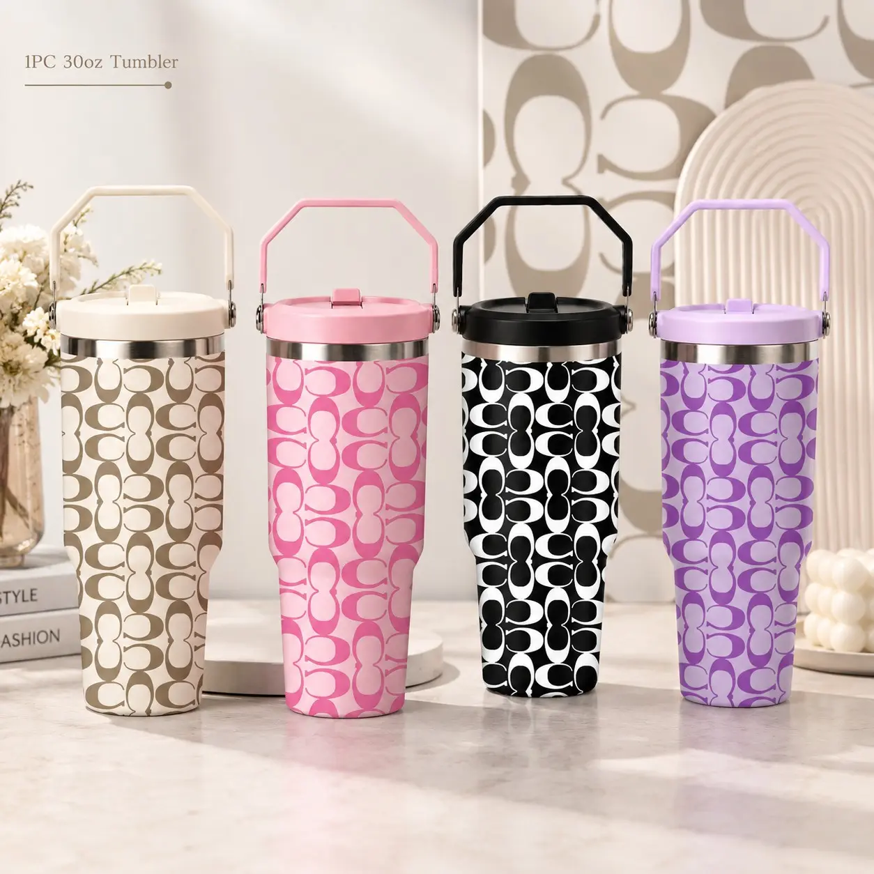 1 Pc 30oz Luxury Monogram Insulated Tumbler with Handle, Double Wall Stainless Steel Travel Mug, Leak Resistant Lid, Keeps Drinks Cold 24H Hot 12H, Reusable Water Cup for Travel, Office, School, Gym, Stylish Gift for Women