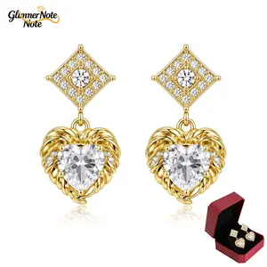 Copper Base Double-Layer Heart Zircon Drop Earrings Sparkly Clear CZ Square Stud Top Dangle Ear Accessory with Gift Packaging for Wedding & Daily Party