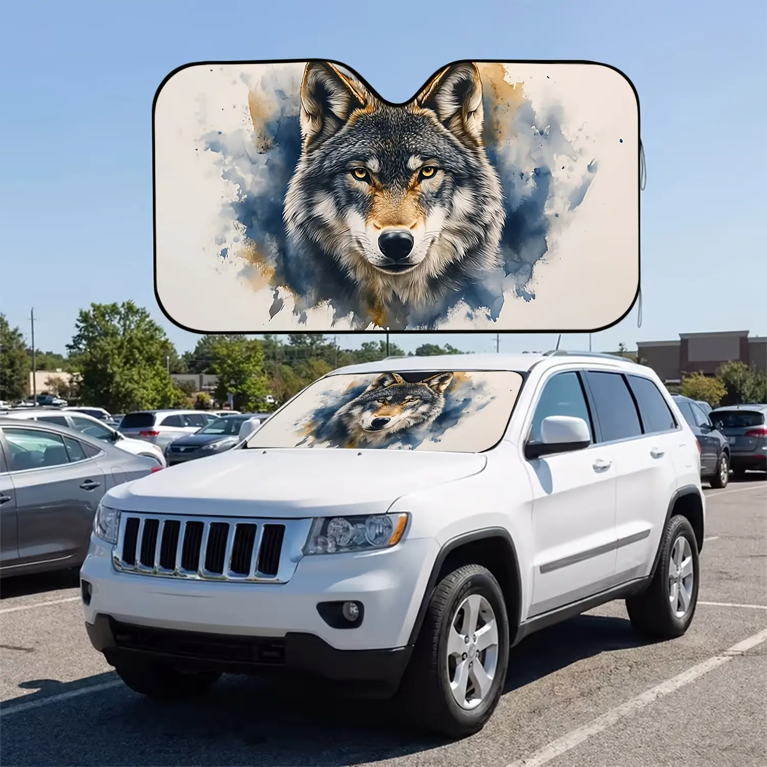 1pc Watercolor Textured Realistic Gray Wolf 2D Flat Printed Pattern Car Windshield Sun Shade, UV Protection, Stylish Design, Easy to Install, Foldable for Convenient Storage, Keeps Your Vehicle Cool, Perfect for Cars, SUVs, and Trucks